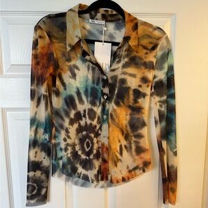 Zara Sheer Multicolor Tie-Dye Button Down Shirt